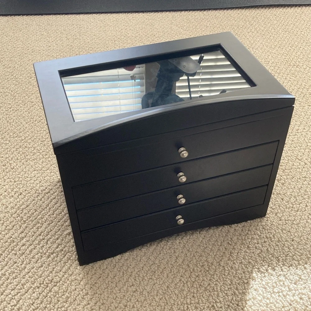 Wooden Black Jewelry and Accessories Box Suede Four Drawers 11” x 7” x 9